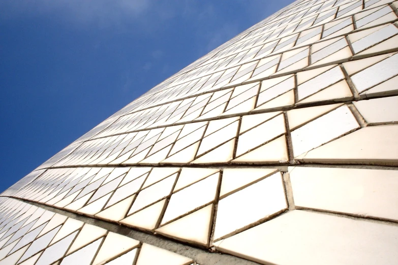 a closeup view of a large white building's geometrically pattern