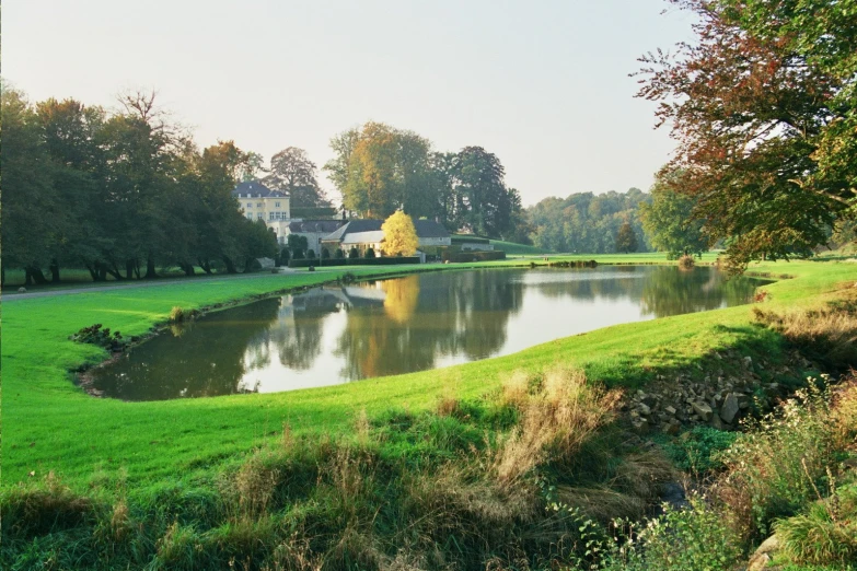 a body of water surrounded by lush green grass