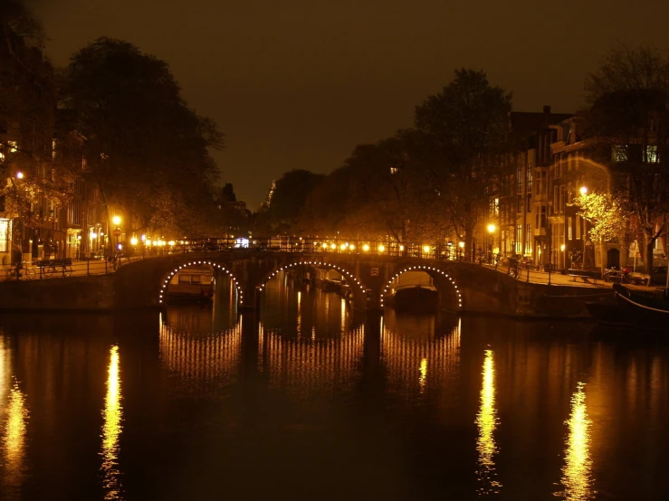 a night view of a bridge over water with a street lamp