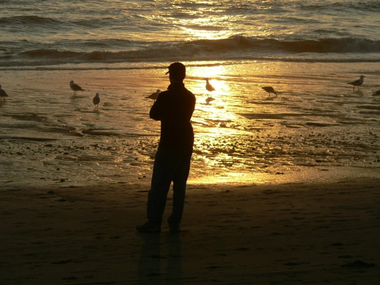 the sun sets over a man looking out at the water on a beach