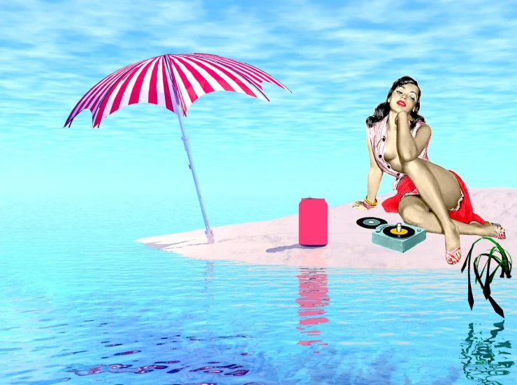 a woman is sitting on an island in the ocean