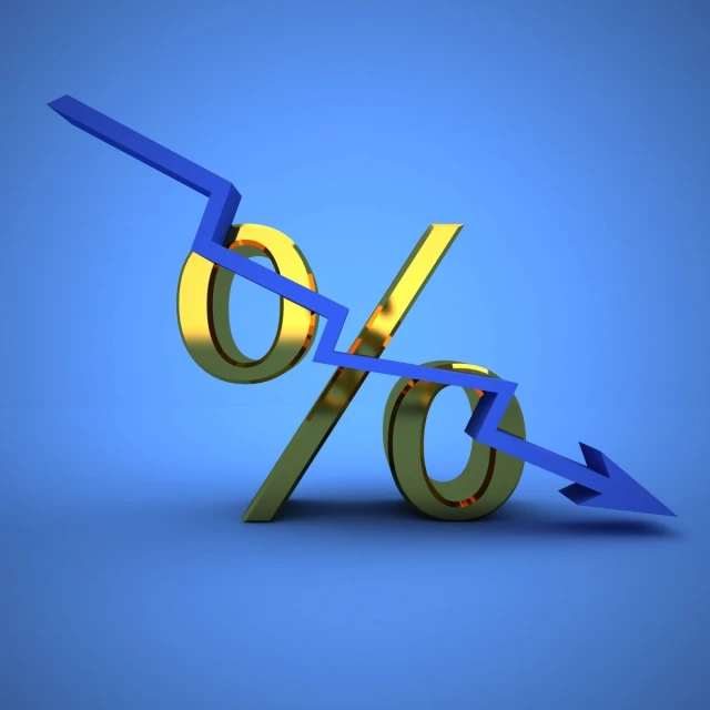 an upturned blue and gold percentage with an arrow going up