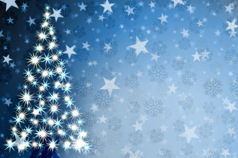 a blue background with white stars and a christmas tree