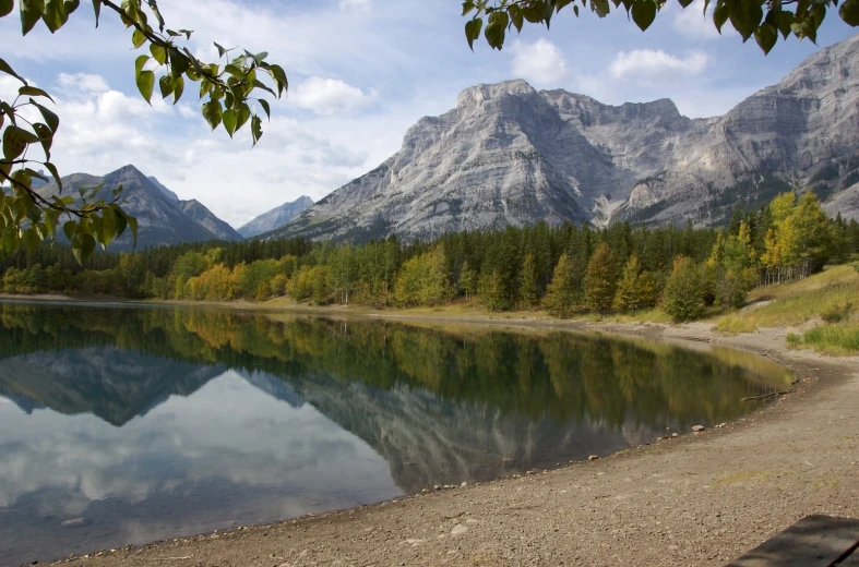 a mountain lake surrounded by forest next to a road