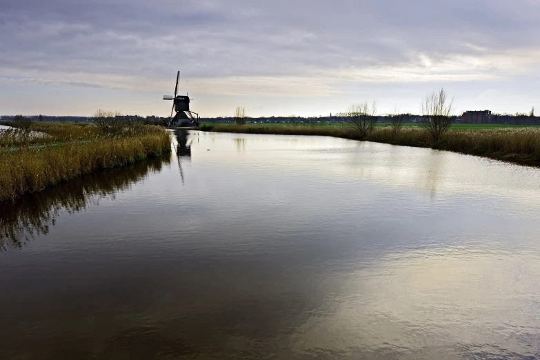 a boat on the water next to tall grass