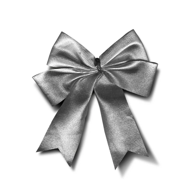 an open, shiny silver bow on white background