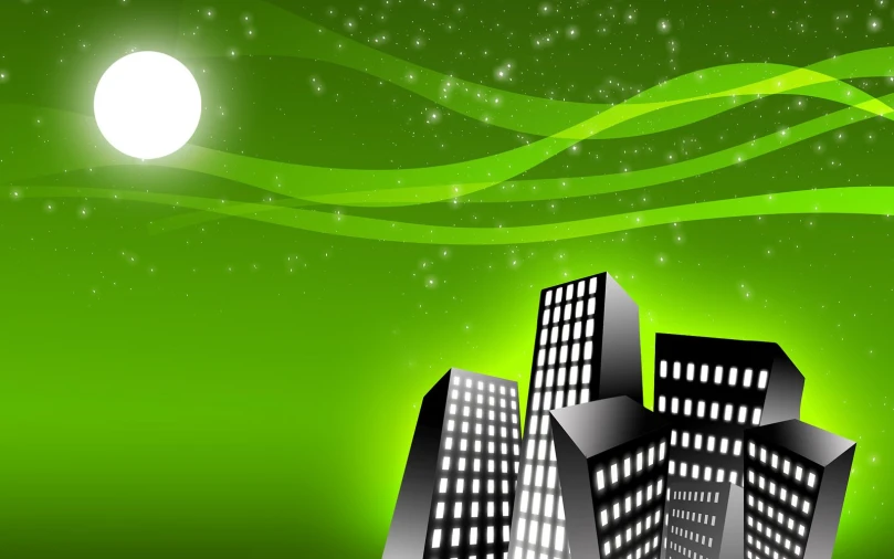a green skyline with a full moon in the sky