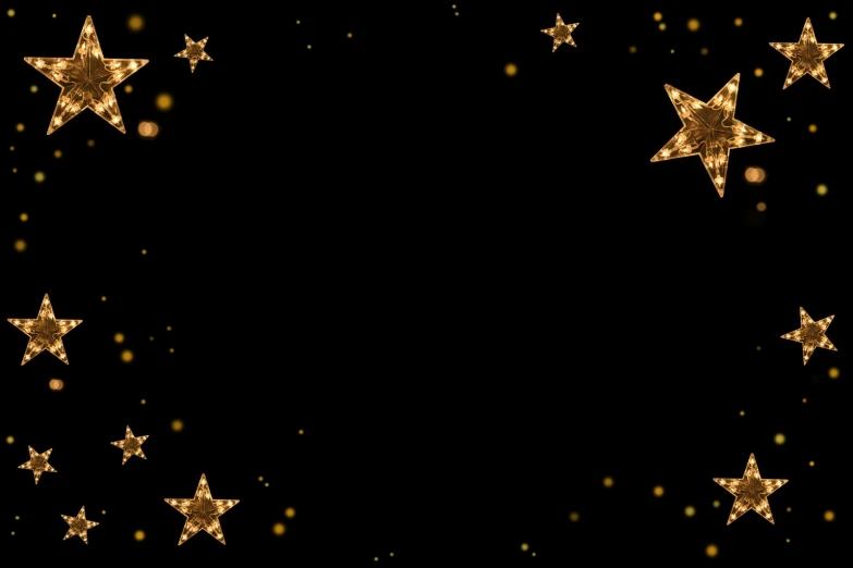 golden stars are flying over black background