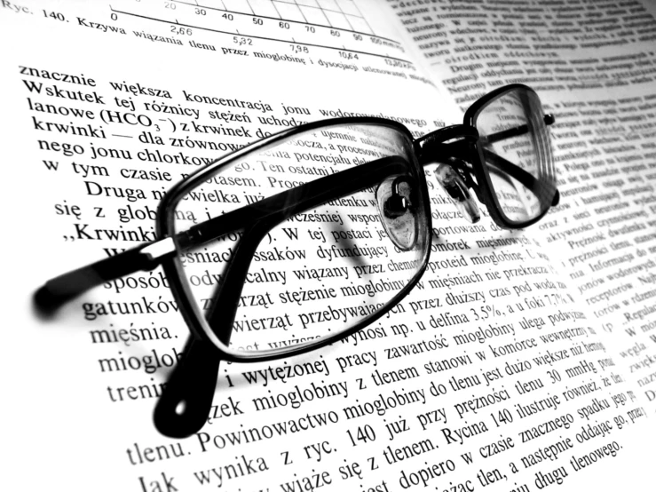 a pair of glasses sitting on top of an open book