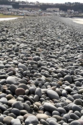 an image of a beach area with several gray rocks