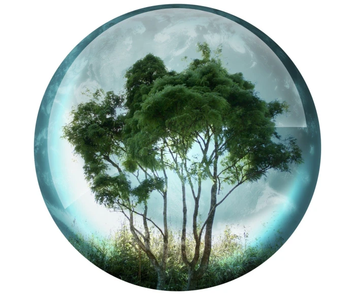 two green trees in a round shaped picture