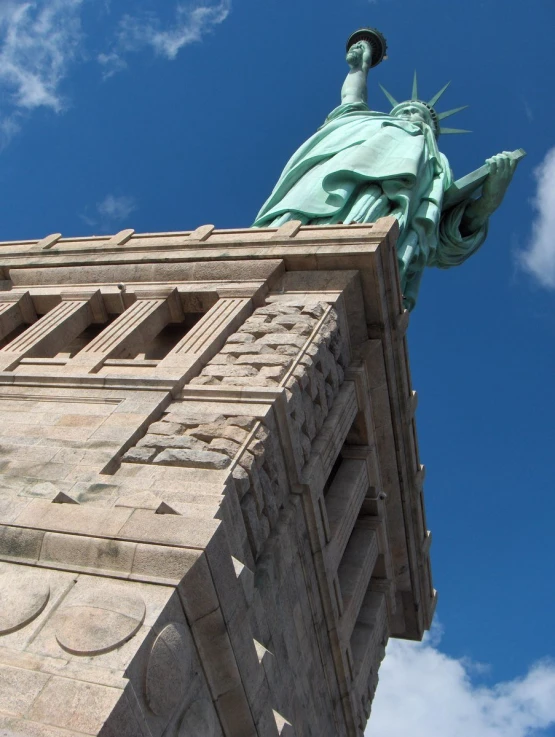 the statue of liberty is in front of a blue sky