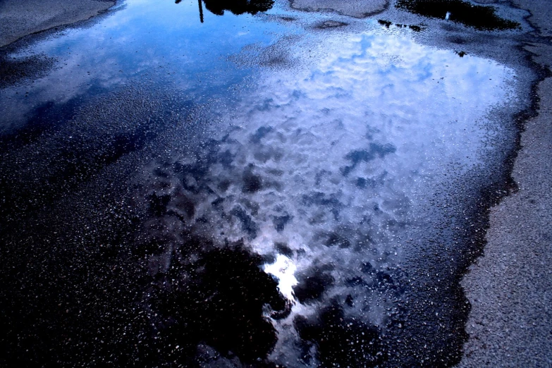 a cloudy blue sky reflected in an icy lake