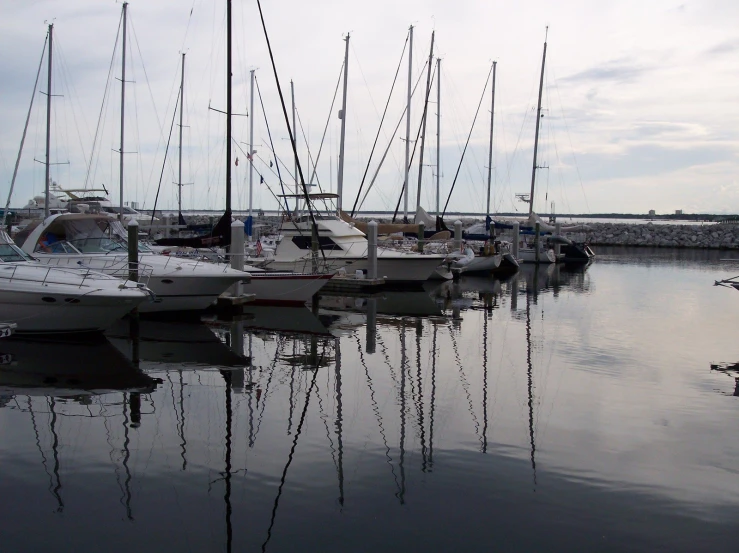 boats are lined up on the dock in a harbor