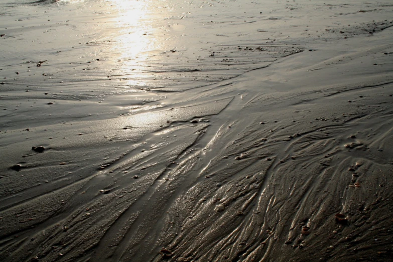 some footprints in the sand by water