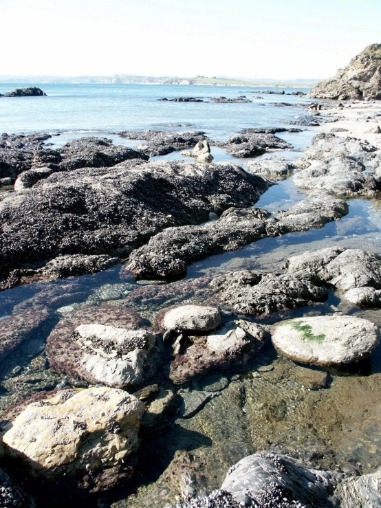 there is rock in the water and a hill in the distance