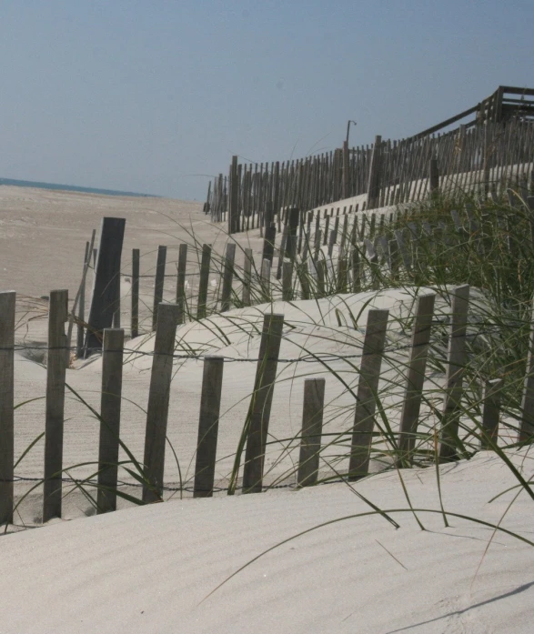 a beach with fence and grass next to it