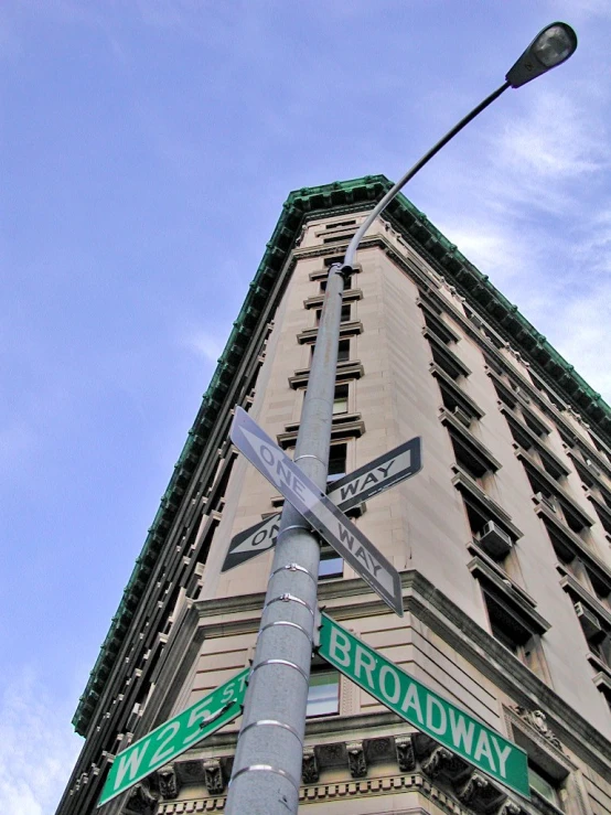 a street pole with two green and white street signs on it