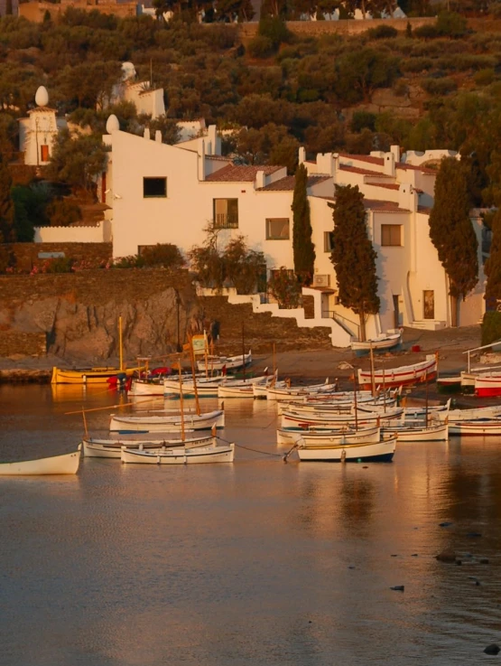 a body of water with boats parked near a hillside