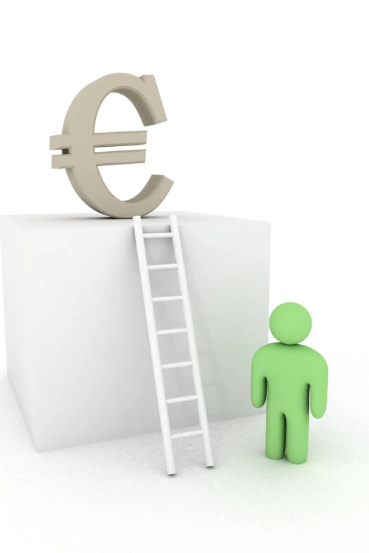 a person standing near a ladder with the euro sign on top