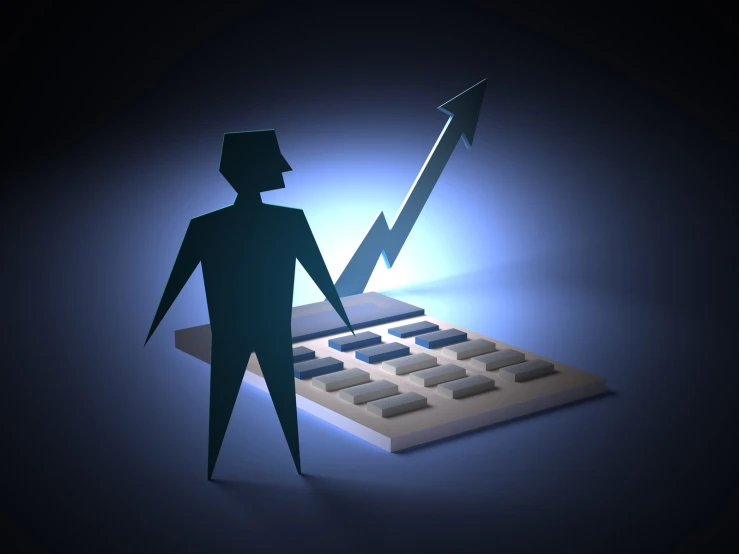 a silhouetted figure holding an upward arrow with a calculator