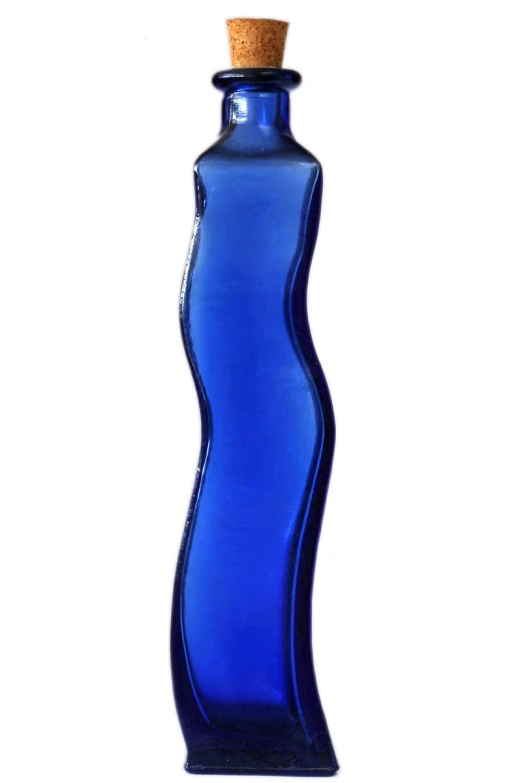 a blue bottle is shown with a cork top