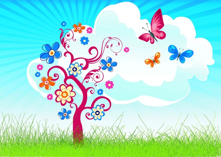 flowers and erflies on a tree with blue sky background