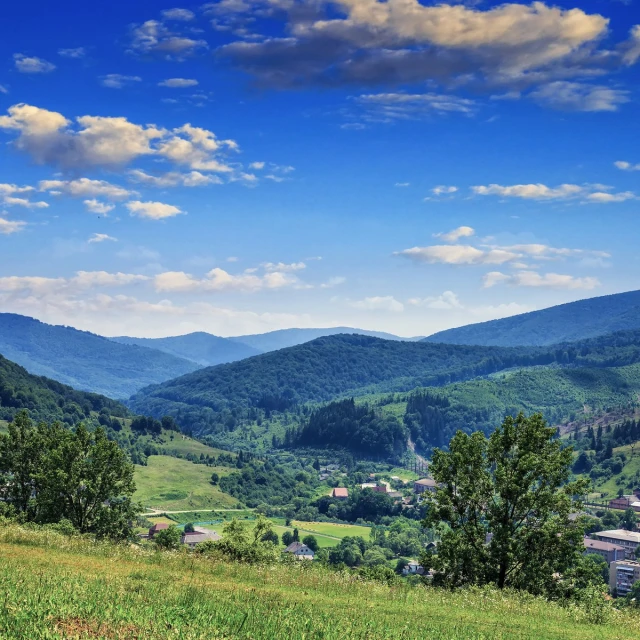 a grassy hill with mountains and houses in the distance