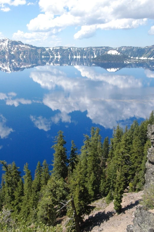 the blue water of a crater lake is surrounded by pine trees