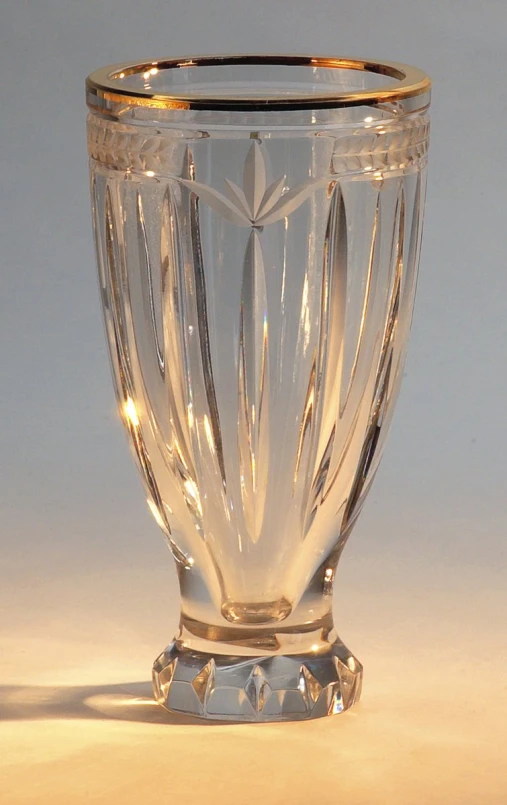 a glass vase with silver edges and a leaf motif