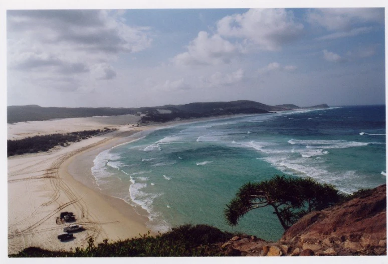 a sandy beach that has some water and a few trees in it