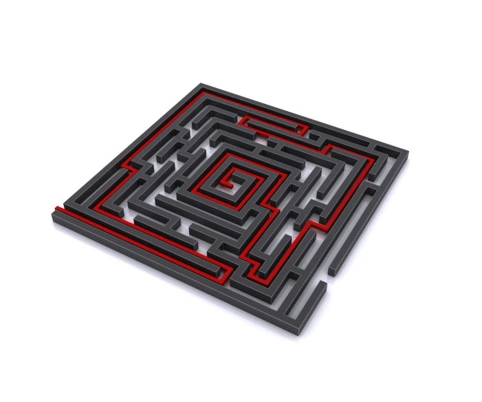 a set of square mazes with a red line going through them