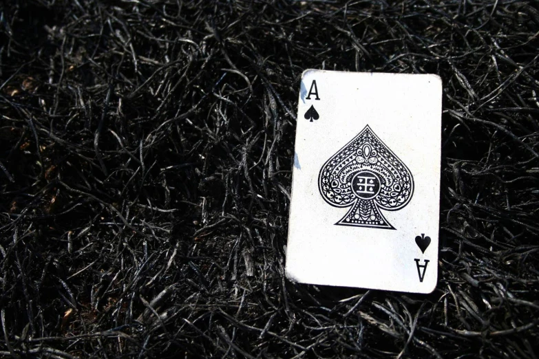 a white and black ace playing card in the grass