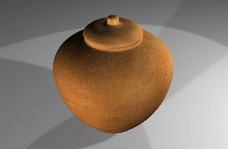 a brown vase is standing up on a gray background