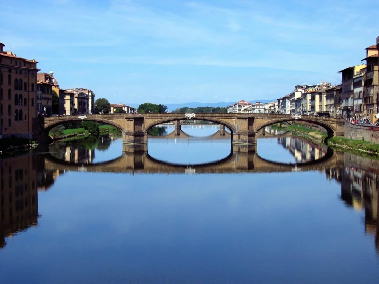 a river in front of buildings and a bridge