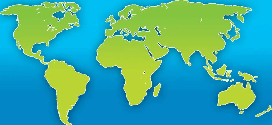 a green world map is shown against a blue background