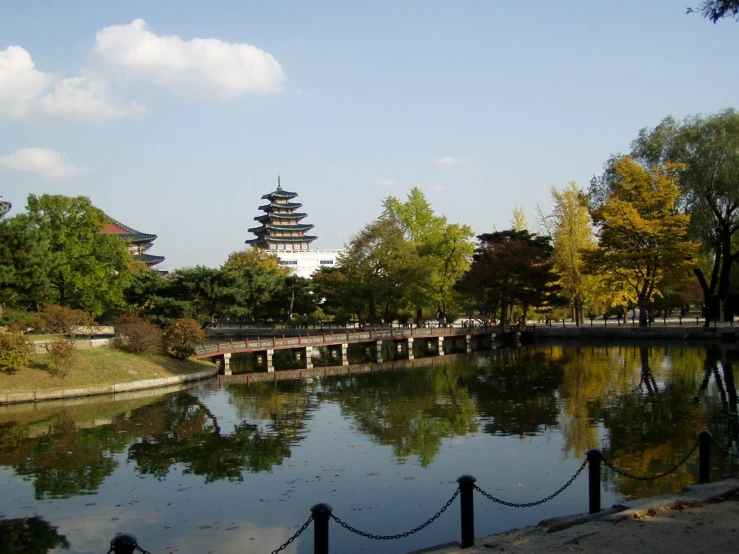 trees and other plants are on the opposite bank of a pond in the distance is an asian - style building