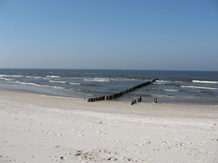 there is a long pier on the beach