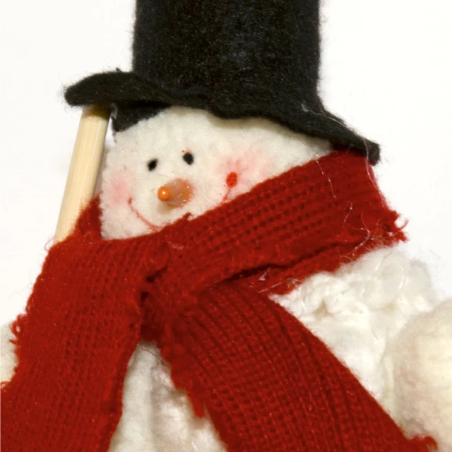 there is a snowman wearing a black top hat and red scarf