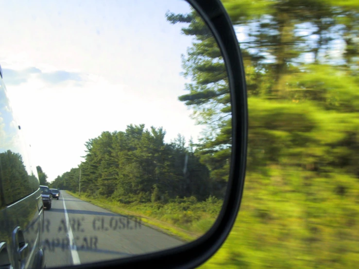 a side mirror on the side of the car showing trees in blur