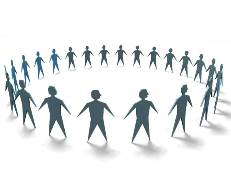 many people are standing in the circle, all facing different directions