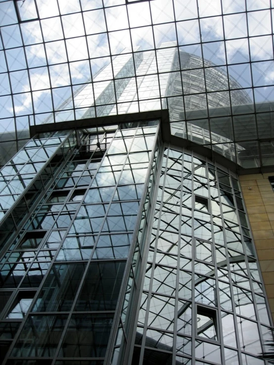 modern glass buildings against the sky, as seen from below