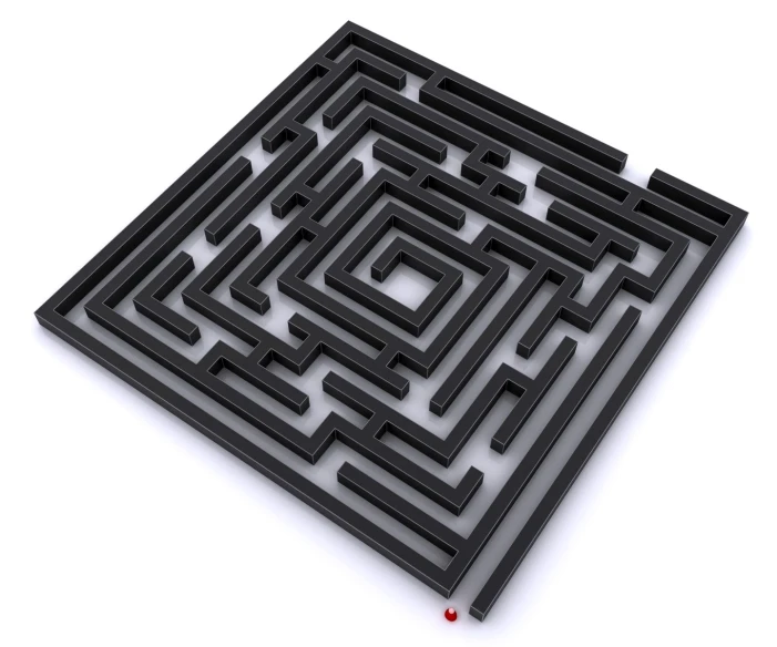 black square and square maze with red circles in the middle