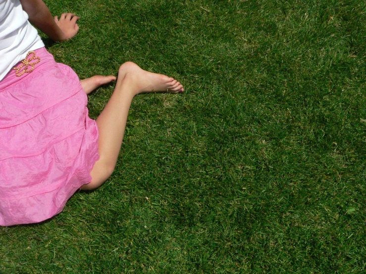 a person with pink hair sitting on the ground in grass