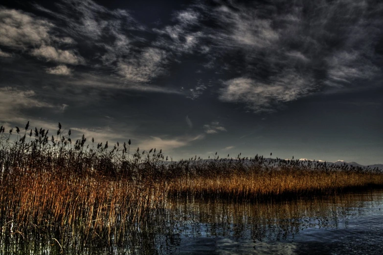 a sky filled with clouds and grass next to a body of water