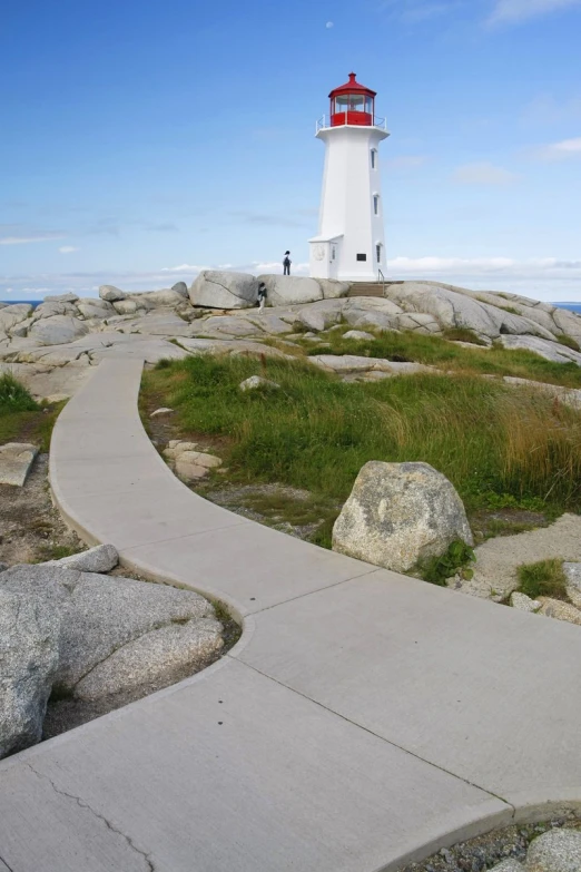 an open air walkway leading to the lighthouse at sea