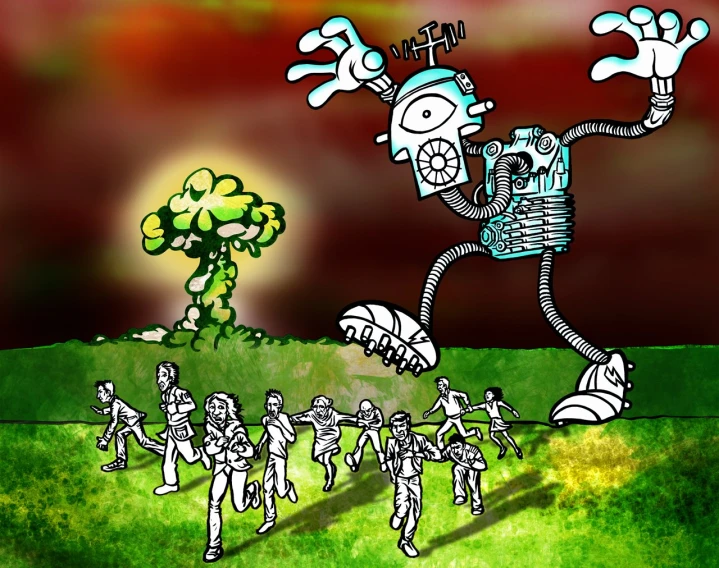 an animated drawing of a robot holding up his arm