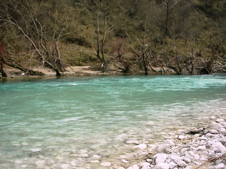 this picture depicts a river with the blue water