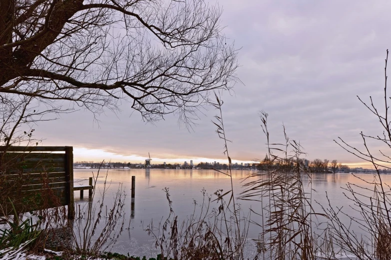 a bench in the winter on the water