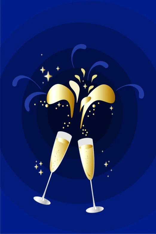 two champagne flutes with golden bows and bubbles on a dark blue background